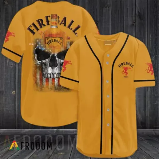 Us Flag Black Skull Fireball Cinnamon Whisky Printed Baseball Shirt