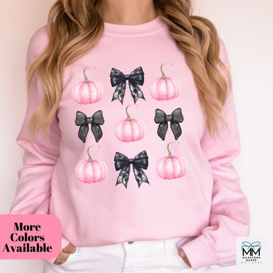 Pink Halloween Sweatshirt For Her, Coquette Halloween Shirt, Pink Pumpkin Crewneck