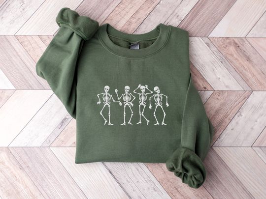 Embroidered Dancing Skeleton Crewneck, Halloween Skeleton Sweatshirt