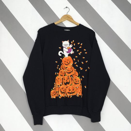 Vintage 90s Cat Pumpkin Halloween Sweatshirt Large Cat Halloween