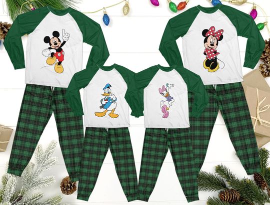 Mickey And Friends Group Matching Family Pajamas Set, Green Plaid Ddisney Family Halloween