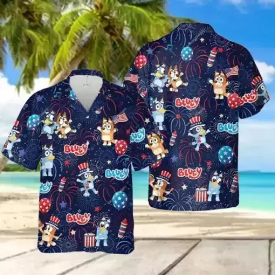 Blue Shirt 4th Of July Button Shirt Blue Hawaiian Shirt, Summer Shirt