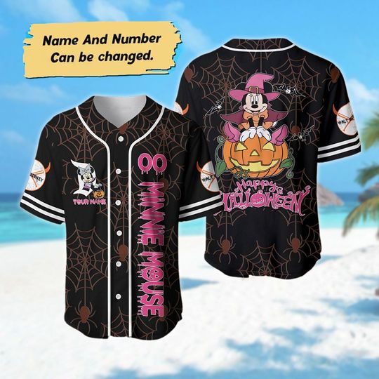 Custom Minnie Mouse Halloween Baseball Jersey, Minnie Jersey Shirt, Cartoon Baseball Jersey, Magic Kingdom Shirt, Halloween Jersey Team Tee