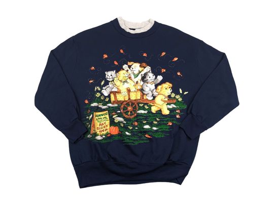90s Vintage FALL Sweatshirt Cute Animals Autumn Fall Hay Ride Puppies and Kitties Graphic