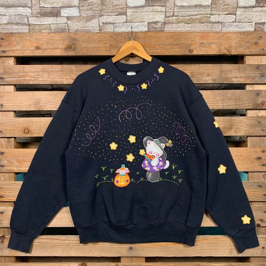 Vintage 90s Halloween Wizard Cat Sweatshirt Wizard Cat Pullover Sweater