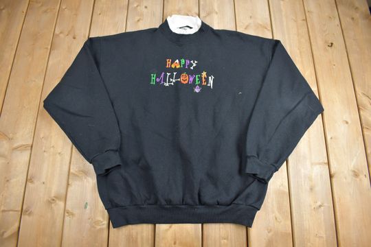 Vintage 1990s Happy Halloween Graphic Crewneck Sweatshirt / 90s Crewneck / Souvenir
