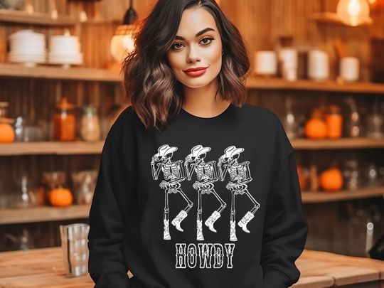 Howdy Cowboy Skeleton Sweatshirt, Cowboy Skeleton Sweatshirt, Retro Halloween Sweatshirt