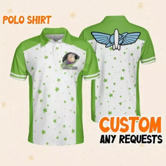 Custom Disney Toy Story Buzz Lightyear Polo Star Bright, Business Casual Disney Polo Shirt