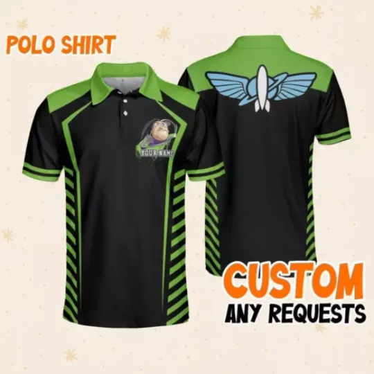 Custom Disney Toy Story Buzz Lightyear Polo Green Stripe, Casual Disney Polo Shirt