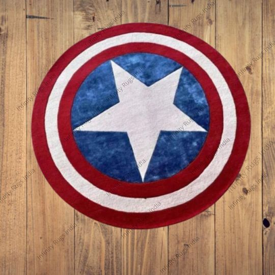 Captain America Rug In Wool Round Floor Pad, Tufted area round carpet for Kids room, wall decor Rug