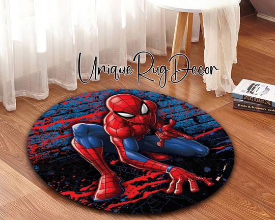 Spiderman Printed Nonslip Children Round Floor Pad, Popular Superhero Cartoon Mat, Marvel Room Decor