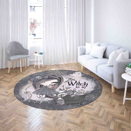 Halloween Witch Round Rug, Witch Girl Nursery Carpet, Scary Night Home Decor, Spooky Kids Room Playmat, Round Kitchen Mat, Circle Floor Mat
