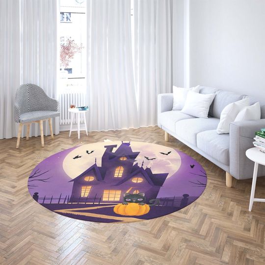 Spooky Halloween Round Rug, Scary Gothic Castle Carpet, Pumpkin Black Cat Halloween Party Decor, Trick Or Treat Kids Room PlayMat