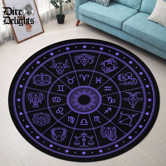 Astronomical Round Mat, Gothic Zodiac Signs Carpet,Punk Rock Goth Mat,Halloween Round Mat, Witch Room Round Mat, Tarot Prophecy Symbols