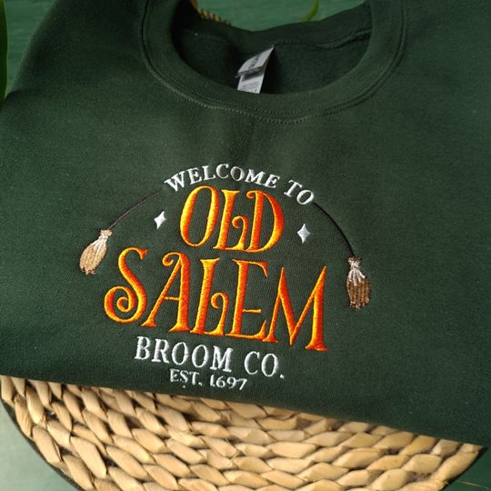 Old Salem Broom Co Embroidered Sweatshirt, Halloween Sweatshirt
