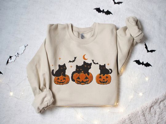 Embroidered Halloween Cat Sweatshirt, Embroidered Black Cat Shirt, Pumpkin Shirt