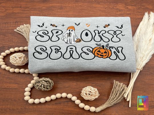 Spooky season embroidered sweatshirt, Scary Halloween, Fall Embroidered Sweatshirt