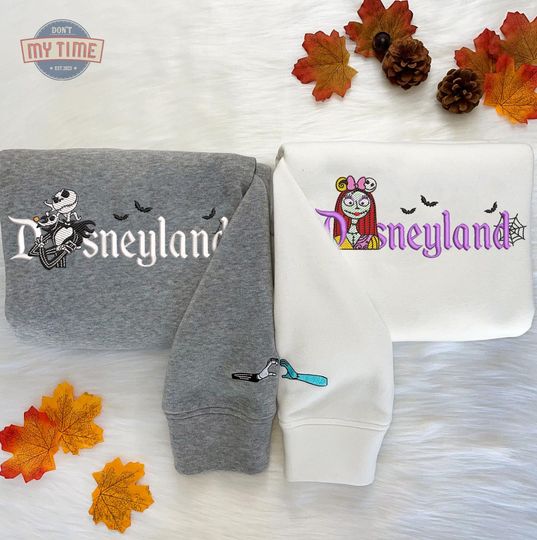 Couple Cartoon Skeleton Embroidered Sweatshirt, Couple Halloween Sweatshirt