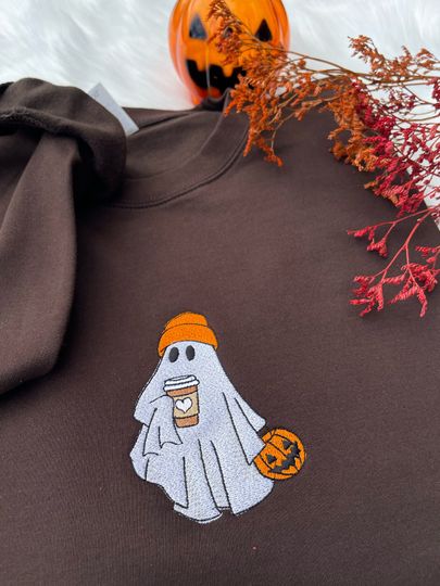 Halloween Ghost Coffee Embroidered Crewneck Sweater Jumper, Pumpkin Fall