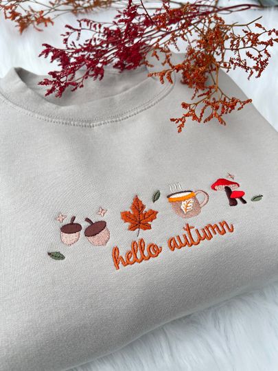 Cozy Embroidered Falling Leaves Sweatshirt, Fall Leaves Crewneck