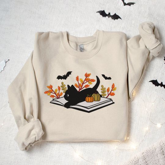 Halloween Black Cat Embroidered Shirt, Halloween Cat Sweatshirt
