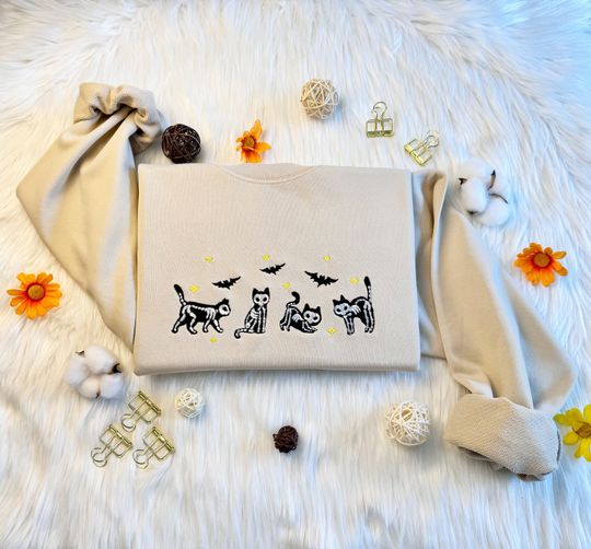 Halloween skeleton Cat Embroidered Sweatshirt, Cute Cat With Bat Halloween Sweatshirt