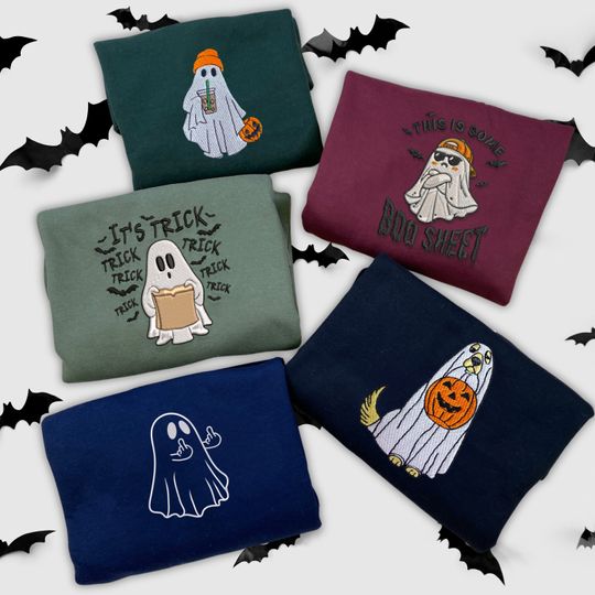 Halloween Sweatshirt, Embroidered Cute Ghost Shirt For Halloween Day, Couple Ghost