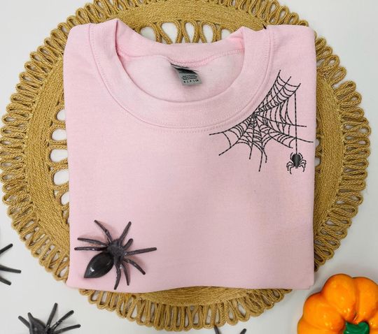 Halloween Sweatshirt, Embroidered Spiderweb Sweatshirt on Collar, Spiderweb Shirt