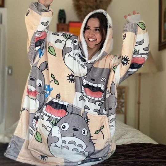 My Neighbor Totoro Theme Blanket Hooded, Oversized Blanket Hoodie For Adult/Kids, Birthday Gift