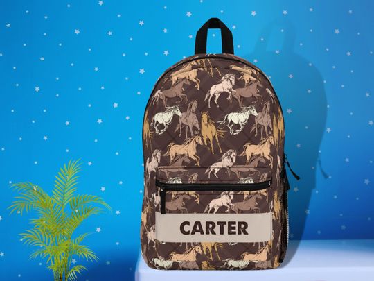 Brown Personalized Horse Backpack, Equestrian Backpack, Horse Kids Bookbag Custom Girls Boys backpack Monogrammed horse bag Horse lover gift