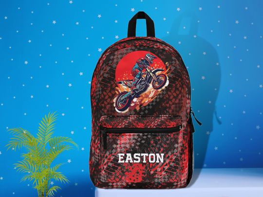 Red Dirt bike Backpack for kids, Motocross Backpack, Personalized Backpack boys, Motorcycle School Bookbag with name boys, Custom Backpack