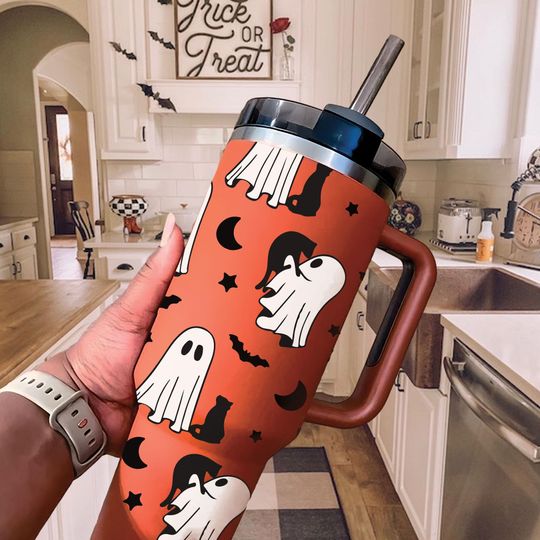 Halloween Cute Ghost Cat 30oz/40oz Tumbler, Spooky Black Cat Stainless Steel Cup, Halloween Insulated Cup Cat Mom Gift, Funny Ghost Tumbler