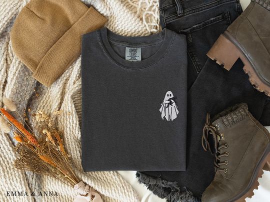Embroidered Ghost Shirt, Comfort Colors Halloween Shirt, Black Cat