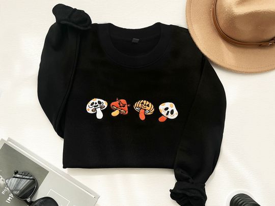 Embroidered Halloween sweatshirt, Halloween round neck, cute embroidered mushroom shirt