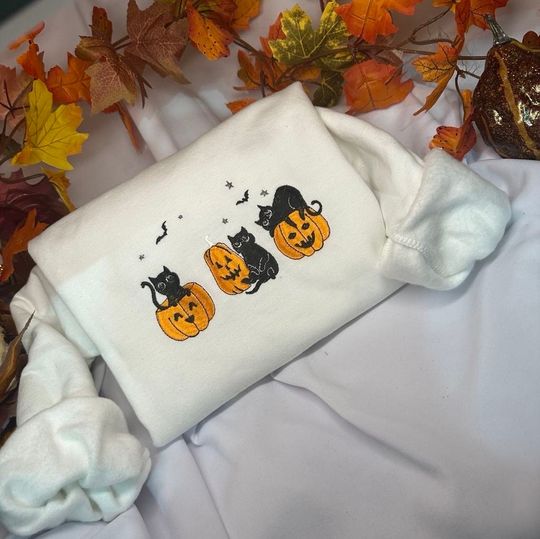 Black Cat Halloween embroidered sweatshirt ;  Pumpkin Cats embroidered crewneck
