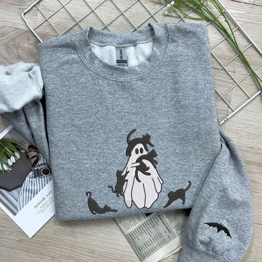 Halloween Sweatshirt Embroidered, Ghost Cat Sweater, Black Cat Hoodie