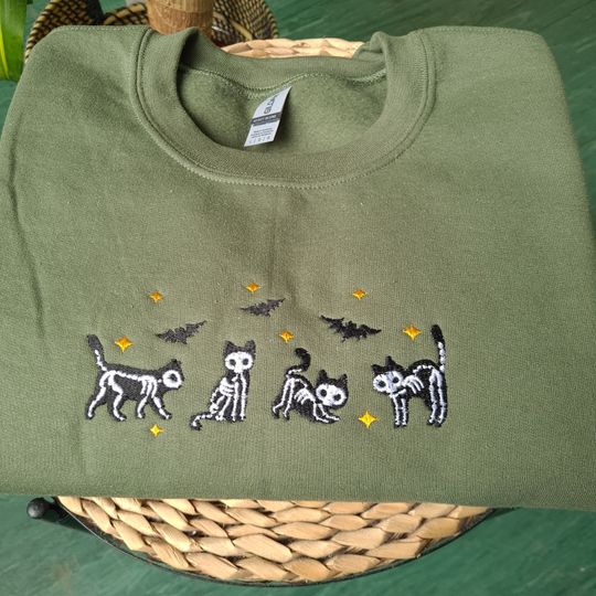 Halloween Skeleton Cats Sweatshirt, Embroidered Cat Sweatshirt, Cat Halloween Sweatshirt