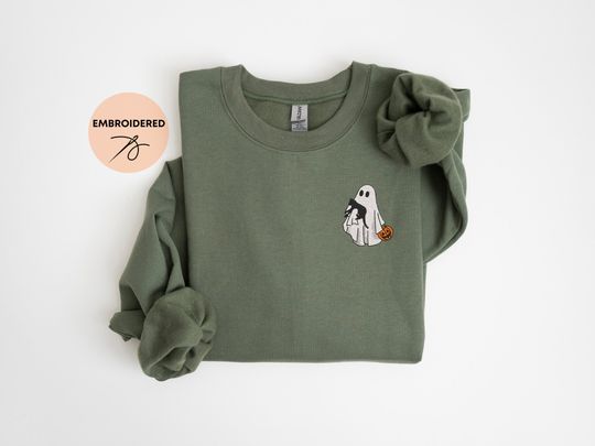 Halloween Embroidered Sweatshirt, Cute Black Cat Crewneck For Women