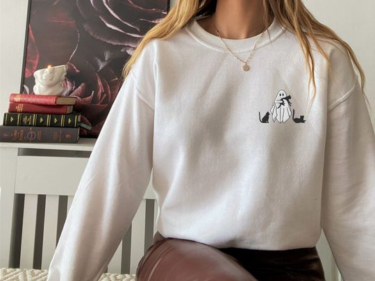 Embroidered Ghost Sweatshirt, Halloween Sweatshirt, Black Cat, Fall Sweatshirt for Women