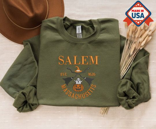 Salem Massachusetts Halloween Sweatshirt, Embroidered Custom Date Pumpkin Sweater