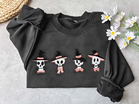 Skeleton Halloween Embroidered Sweatshirt with Bow and Hat,Halloween