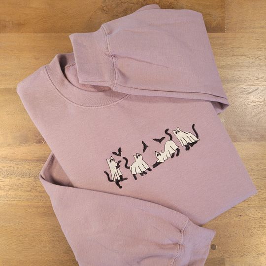 Embroidered Cat in Ghost Costume Crewneck | Scary Cute Ghost Cats & Bats