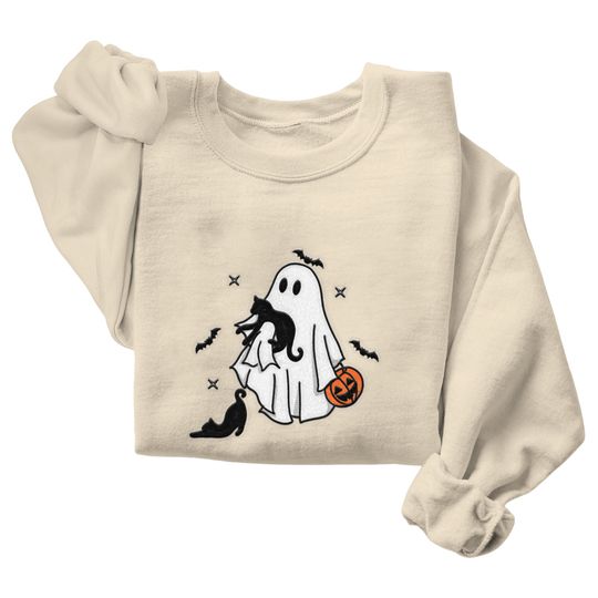Halloween Sweatshirt Embroidered, Cute Black Cat Crewneck For Women