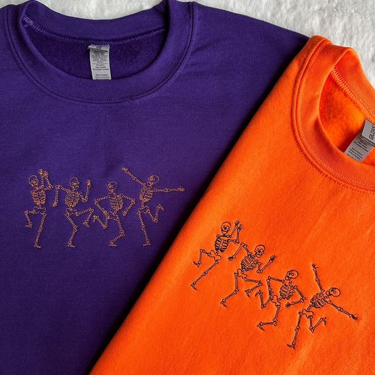 Custom Embroidered Dancing Skeleton Crewneck, Halloween Skeleton Sweatshirt