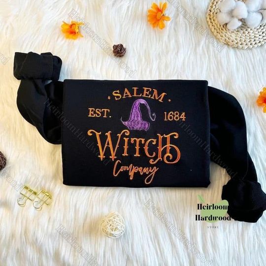 Halloween Salem Witch Embroidered Sweatshirt, Salem Broom Company Sweatshirt