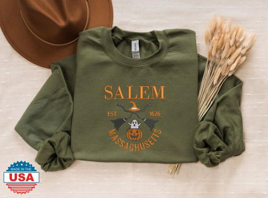 Salem Massachusett Halloween Sweatshirt, Embroidered Ghost Pumpkin Witch Sweatshirt