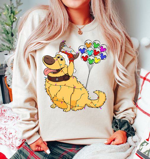 Disney Santa Dug Dog Christmas Lights Sweatshirt, Disney Up Christmas Dug Christmas Balloon Sweatshirt