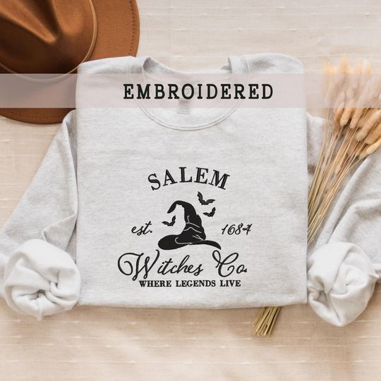 Salem Massachusetts Embroidered Sweatshirt, Witch Halloween Embroidered Sweatshirt