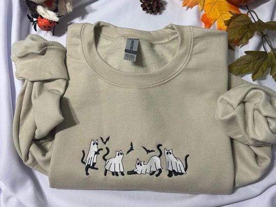 Halloween sweatshirt, embroidered Halloween Cat sweatshirt; black cat ghost embroidered