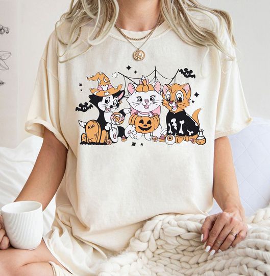 Cute Disney The Aristocats Halloween Cotton Shirt, Comfortable Short Sleeve Sports Tee for Men, Women, Unisex - Trending Halloween Gifts